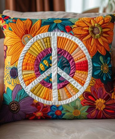 Vibrant Peace Sign Quilted Pillow Cover — Colorful Bohemian Throw Accent, Psychedelic Peace Decor, Soft Quilting