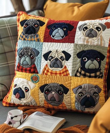Colorful Plaid Pug Quilted Pillow Cover — Vibrant Patchwork Throw Pillow Case With Adorable Pug Motif For Living Room & Pet Lovers