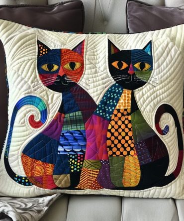 Colorful Twin Cats Quilted Pillow Cover — Bright Paired Feline Throw Pillowcase, Soft Quilted Accent For Sofa, Bed & Nursery