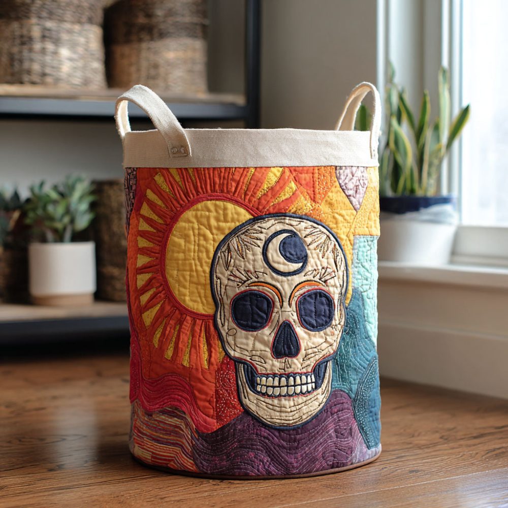 Colorful Afterlife Quilted Laundry Hamper — Bright Calavera Print Fabric Basket, Lightweight Foldable Clothes Storage & Home Decor