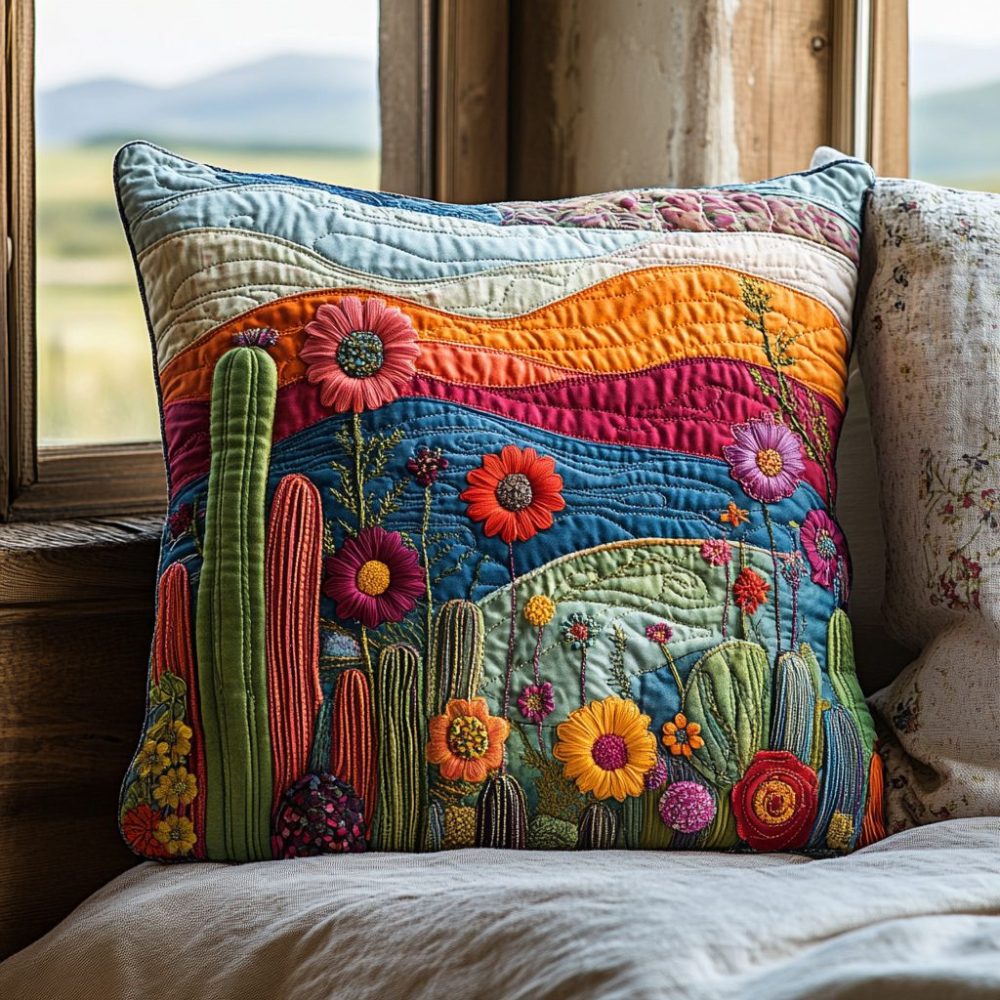 Colorful Cactus Dream Quilted Pillow Cover - Playful Southwestern Accent For Sofa & Boho Bedroom Styling
