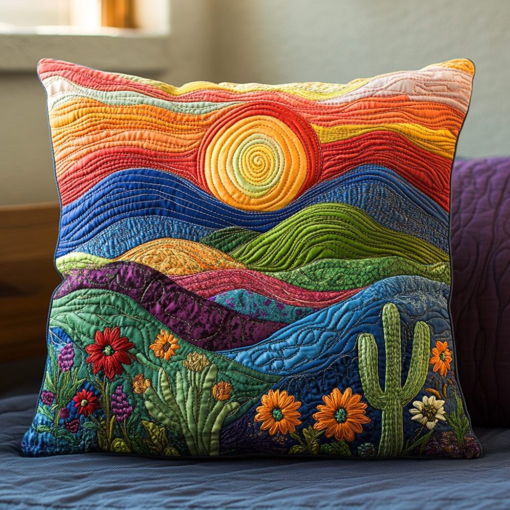 Colorful Cactus Field Quilted Pillow Cover — Southwestern Cactus Motif With Bold Colors, Soft Quilted Texture, Hidden Zip, Machine Washable Accent