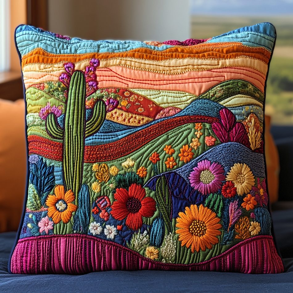 Bright Cactus Quilted Pillow Cover - Colorful Desert Botanical Throw For Sofa, Bed & Cozy Boho Living Spaces