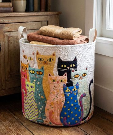Cute Colorful Cat Quilted Laundry Hamper - Foldable Large Laundry Basket With Reinforced Handles, Playful Cat Print For Nursery & Bedroom