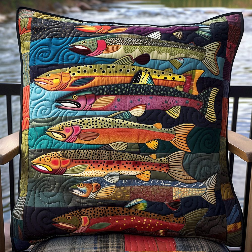 Colorful Catch Quilted Pillow Cover — Bright Angler Throw Pillowcase, Playful Fish Pattern For Coastal & Cabin Decor