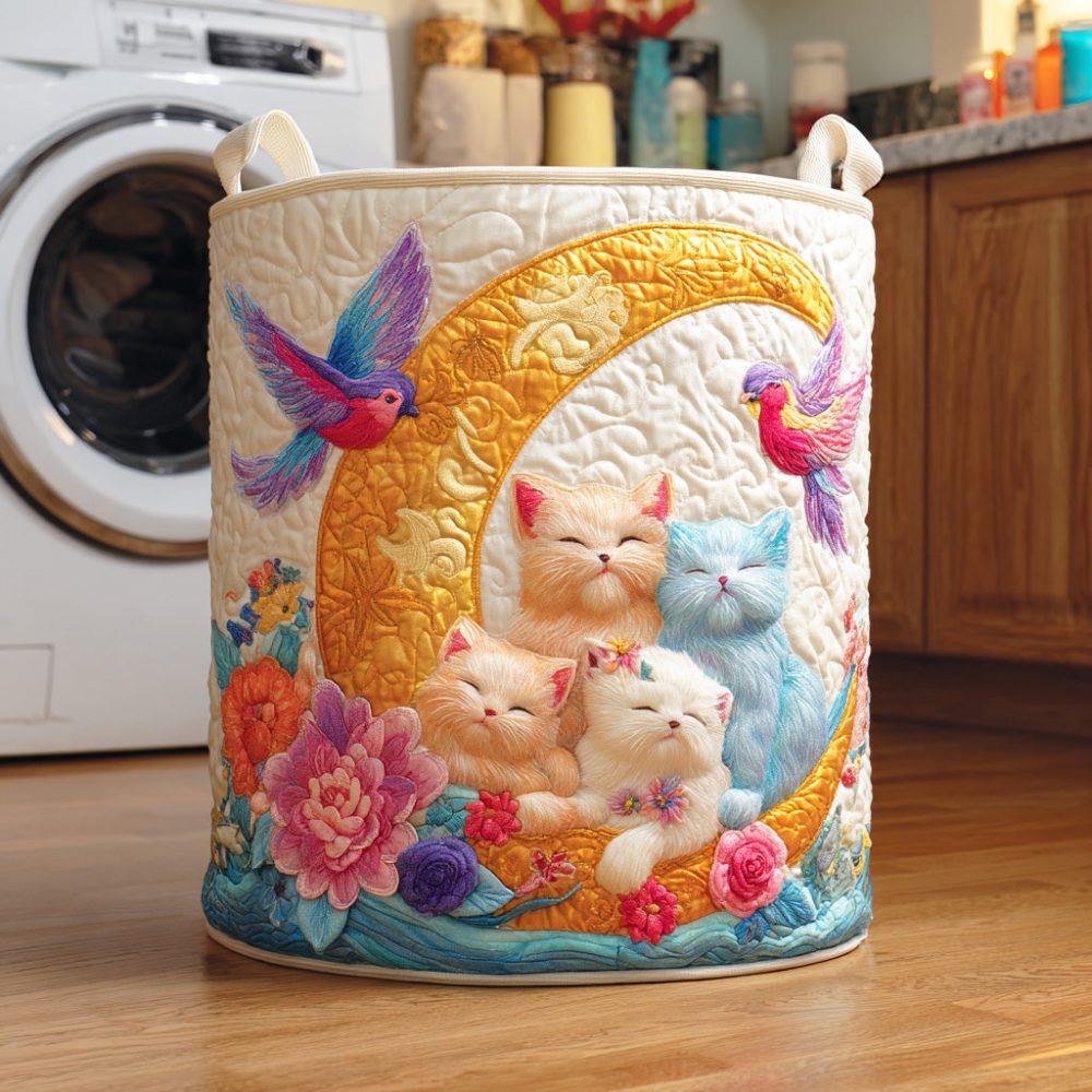 Colorful Catnap Quilted Laundry Hamper — Vibrant Foldable Laundry Basket With Fun Cat Graphics, Durable Padded Storage For Home & Kids Rooms
