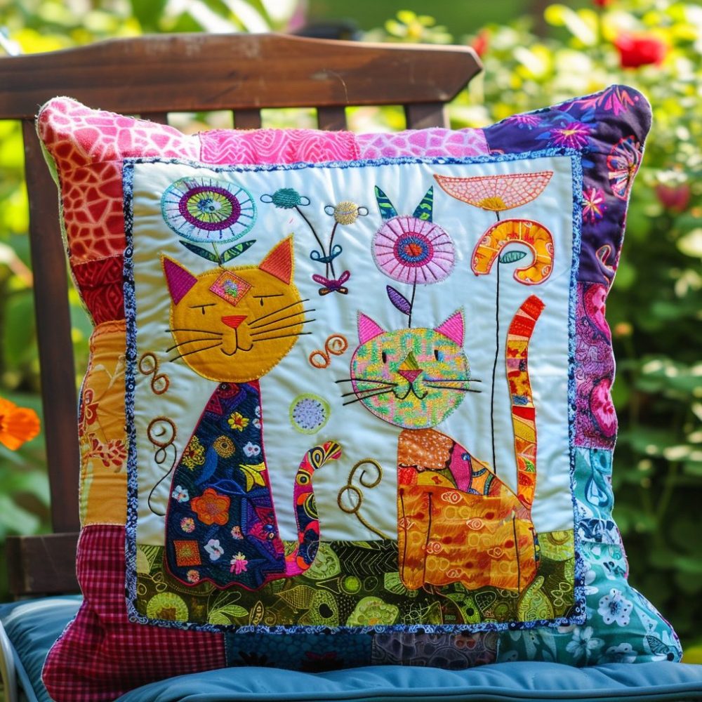 Vibrant Colorful Cats Quilted Pillow Cover – Bold Multi-Color Feline Art For Eclectic Home Decor, Sofa & Accent Chair (Soft, Textured)