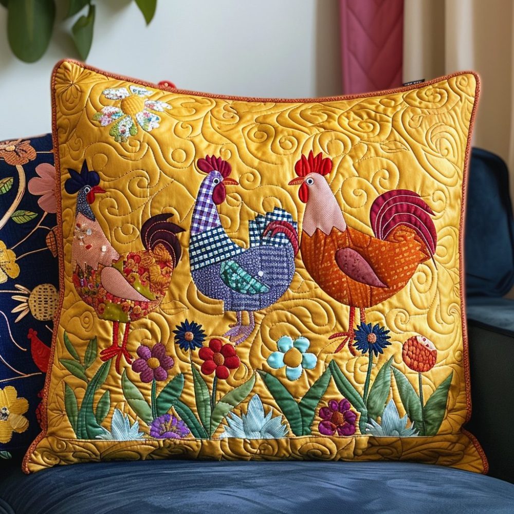 Colorful Chickens Quilted Throw Pillow Cover — Playful Hen & Rooster Cushion Case, Bright Quilted Accent For Farmhouse & Rustic Interiors