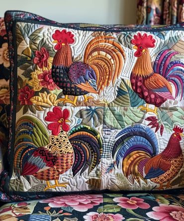 Colorful Rooster Quilted Pillow Cover — Bold Farmhouse Accent, Decorative Throw Cushion, Reversible Cotton Blend, Easy Care