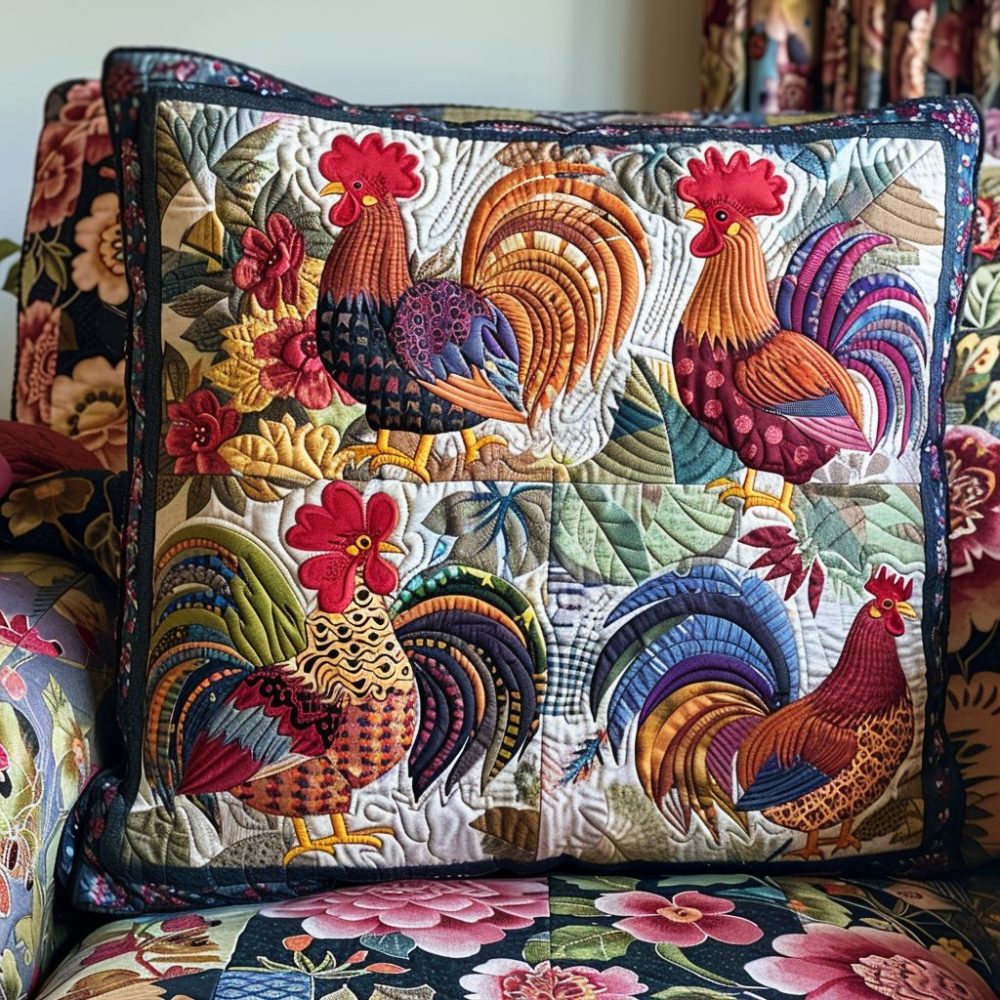 Colorful Rooster Quilted Pillow Cover — Bold Farmhouse Accent, Decorative Throw Cushion, Reversible Cotton Blend, Easy Care