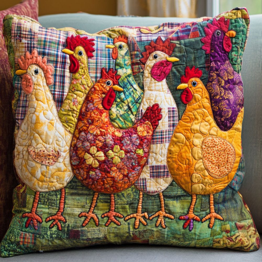 Vibrant Chicken Quilted Throw Pillow Cover – Premium Zippered Farmhouse Accent, Soft Cotton-Blend Decorative Cushion Case, Washable