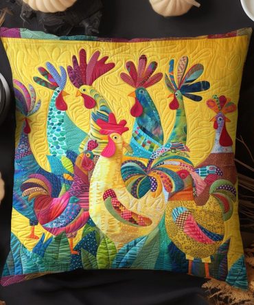 Vibrant Cockcrow Quilted Pillow Cover — Colorful Rooster Accent For Kitchen & Living Room, Handmade-Look Quilted Throw Pillowcase