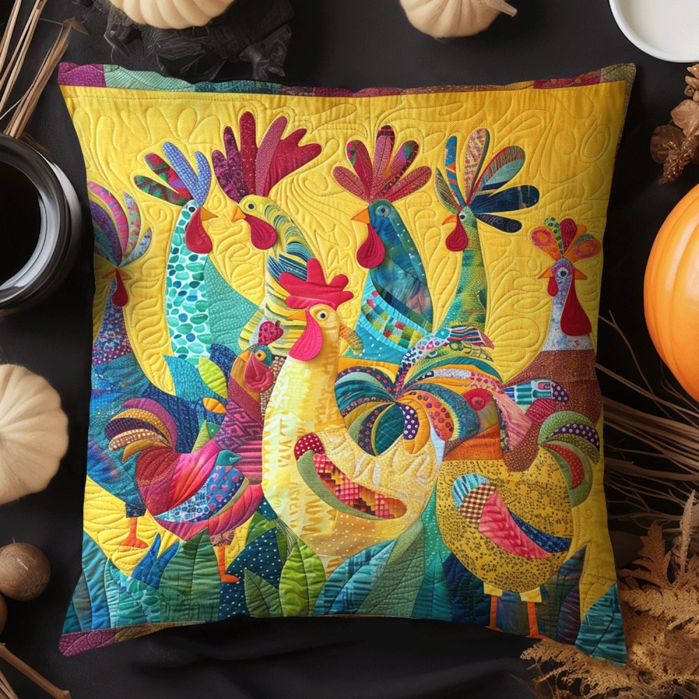 Vibrant Cockcrow Quilted Pillow Cover — Colorful Rooster Accent For Kitchen & Living Room, Handmade-Look Quilted Throw Pillowcase