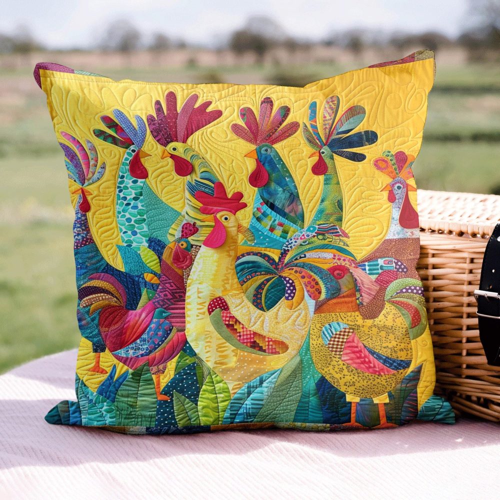 Vibrant Cockcrow Quilted Pillow Cover — Colorful Rooster Accent For Kitchen & Living Room, Handmade-Look Quilted Throw Pillowcase - Image 2