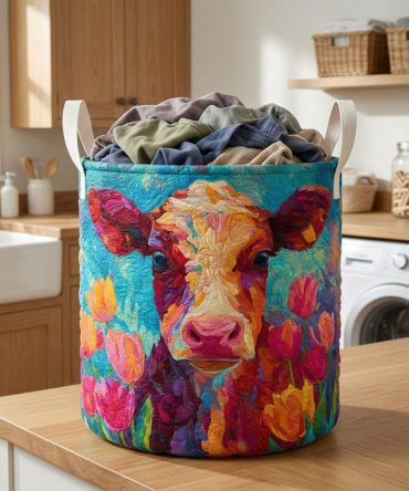 Large Quilted Laundry Basket With Colorful Cow Bloom Print — Washable Cotton Storage Hamper, Collapsible & Decorative Organizer