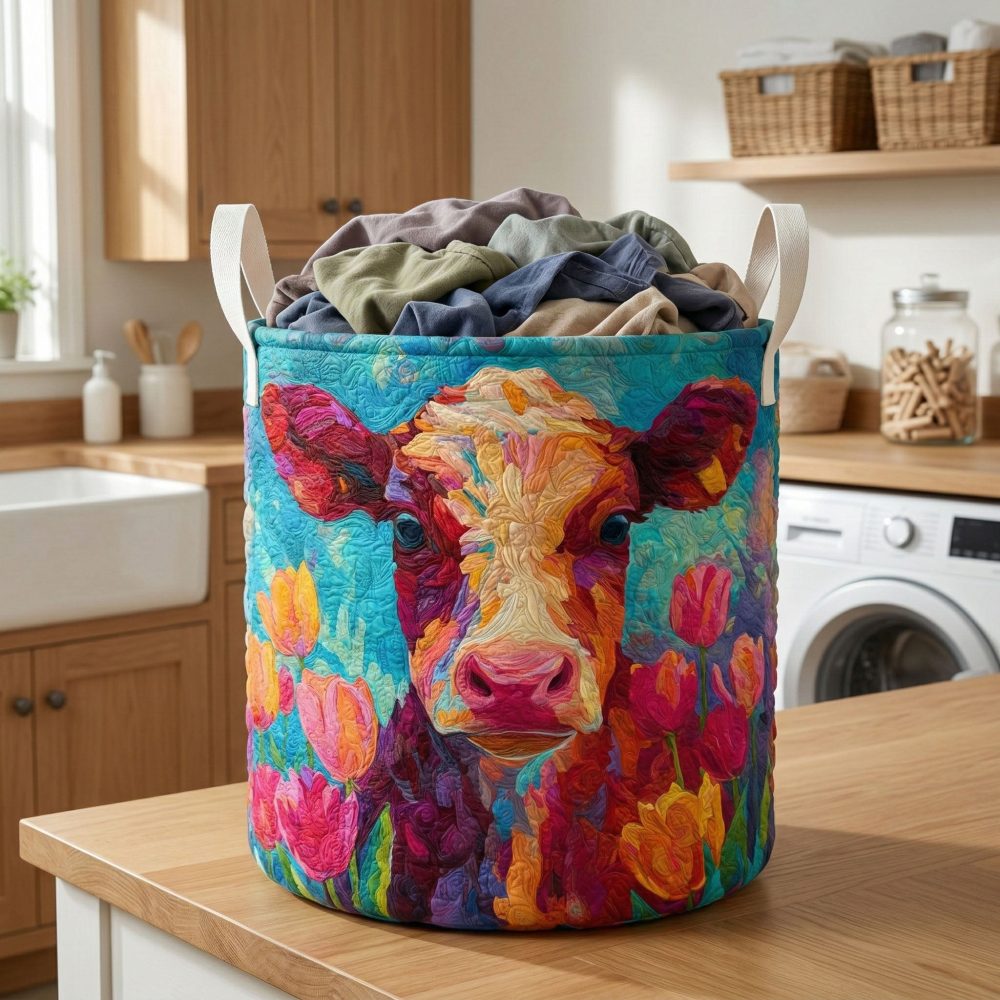 Large Quilted Laundry Basket With Colorful Cow Bloom Print — Washable Cotton Storage Hamper, Collapsible & Decorative Organizer