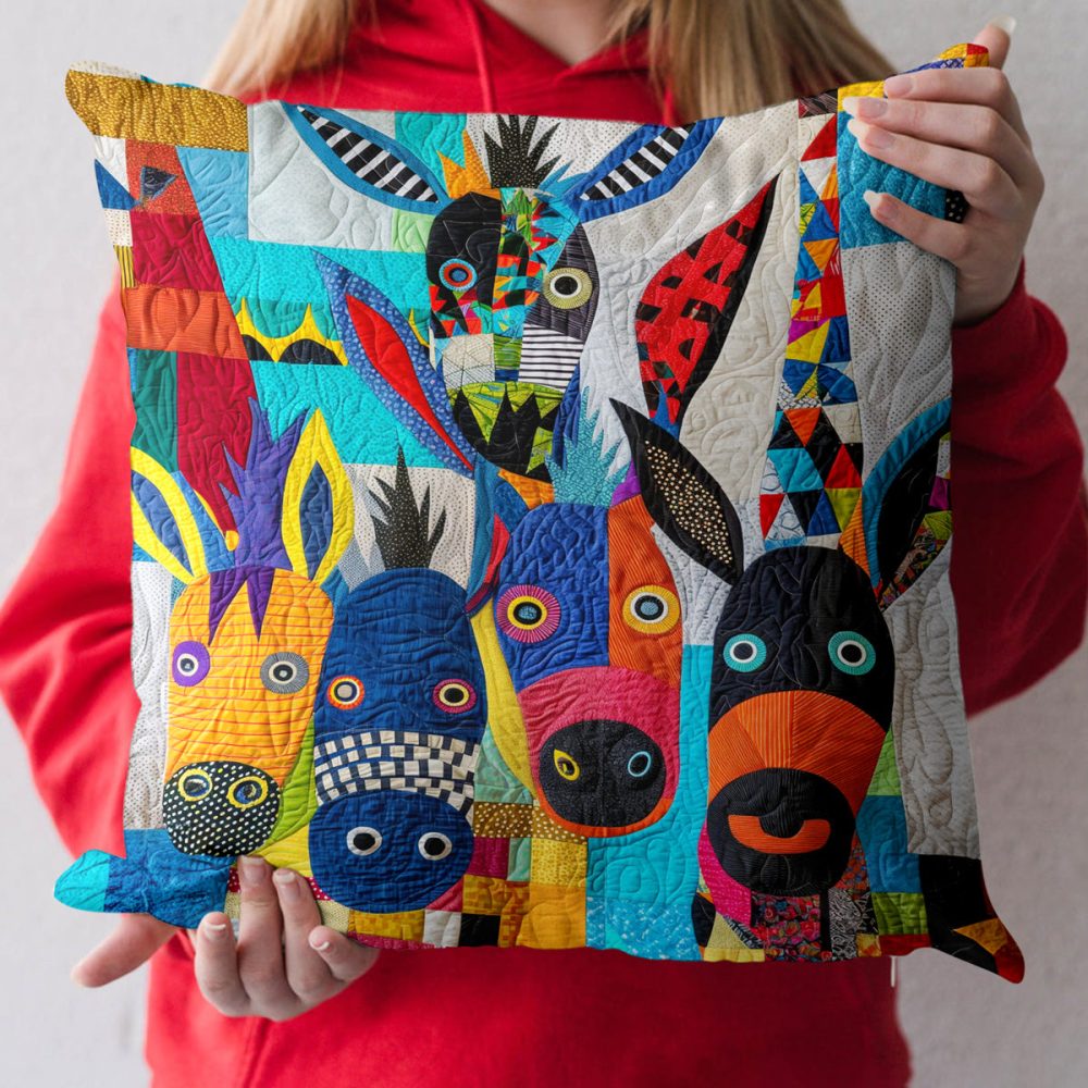 Colorful Donkey Quilted Pillow Cover - Vibrant Decorative Pillow Sham, Lightweight Cotton, Playful Accent For Boho Or Kids Rooms