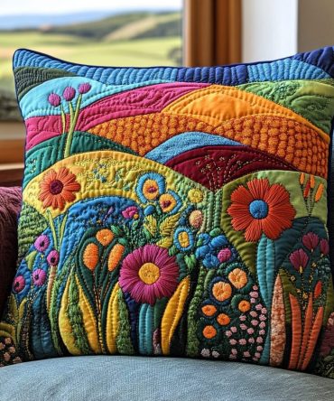 Colorful Field Quilted Pillow Cover — Bright Meadow-Inspired Throw Accent, Soft Quilting With Bold Hues, Hidden Zipper, Machine Washable Home Accent