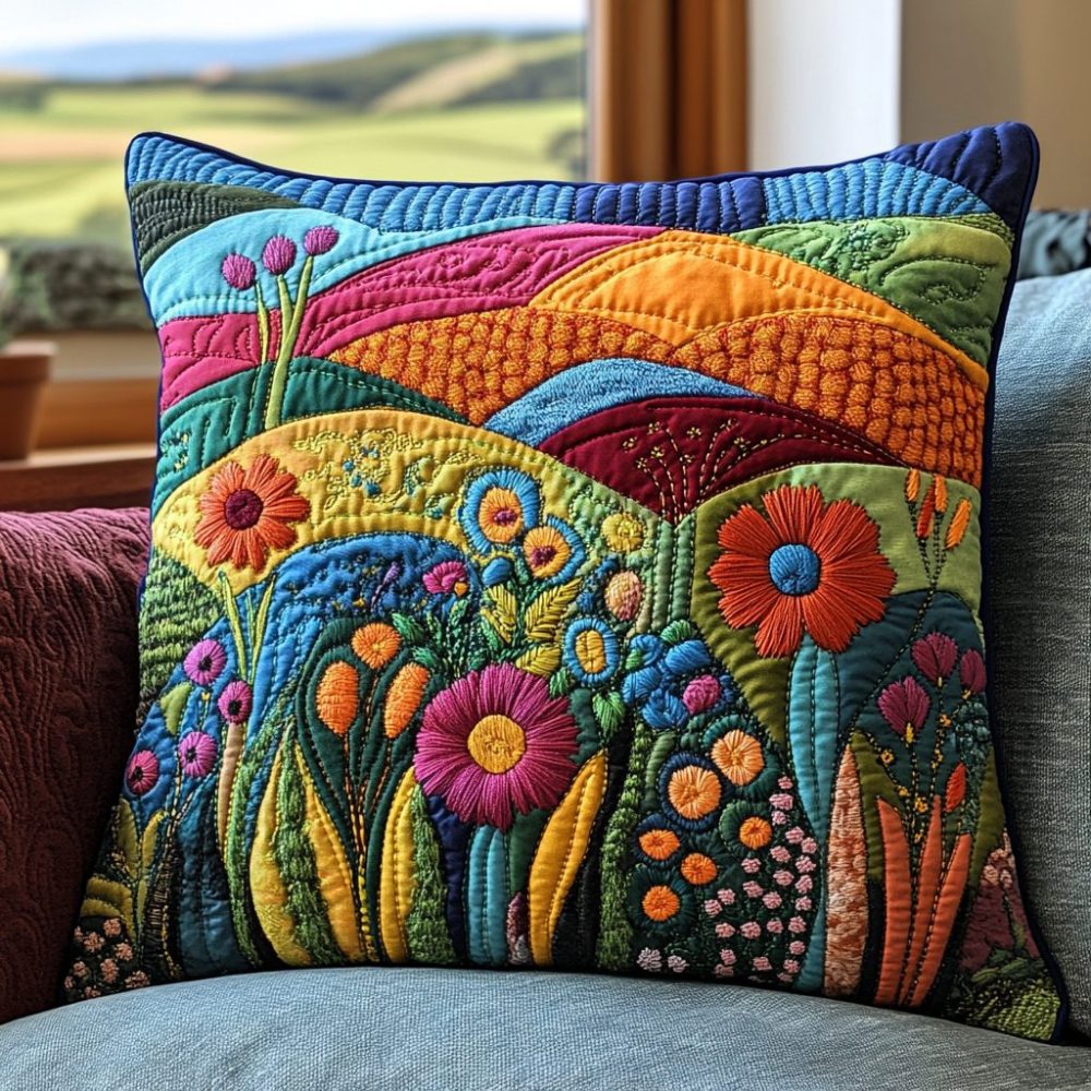 Colorful Field Quilted Pillow Cover — Bright Meadow-Inspired Throw Accent, Soft Quilting With Bold Hues, Hidden Zipper, Machine Washable Home Accent