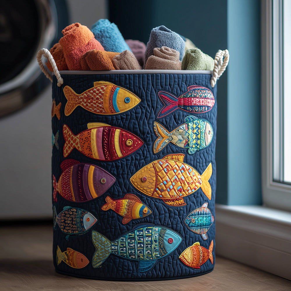 Colorful Fins Quilted Laundry Hamper – Playful Fish Print Laundry Basket, Child-Friendly Collapsible Design, Durable Fabric For Kids' Room