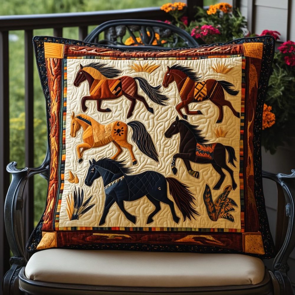 Colorful Galloping Horse Quilted Pillowcase — Bold Equestrian Accent Pillow Cover, High-Definition Print, Machine Washable, Eye-Catching Decor