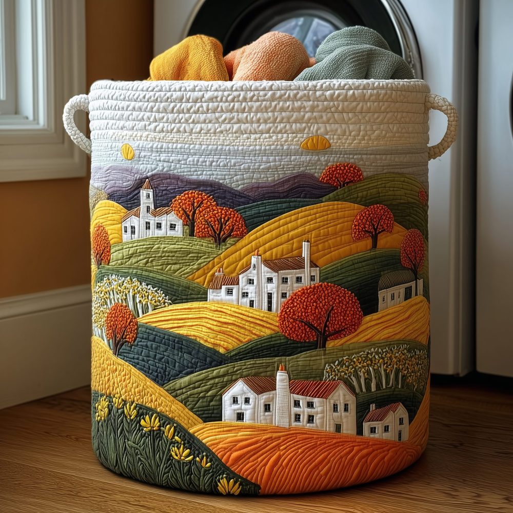 Colorful Hills Quilted Fabric Laundry Hamper - Collapsible Padded Laundry Basket With Handles For Bright, Organized Spaces
