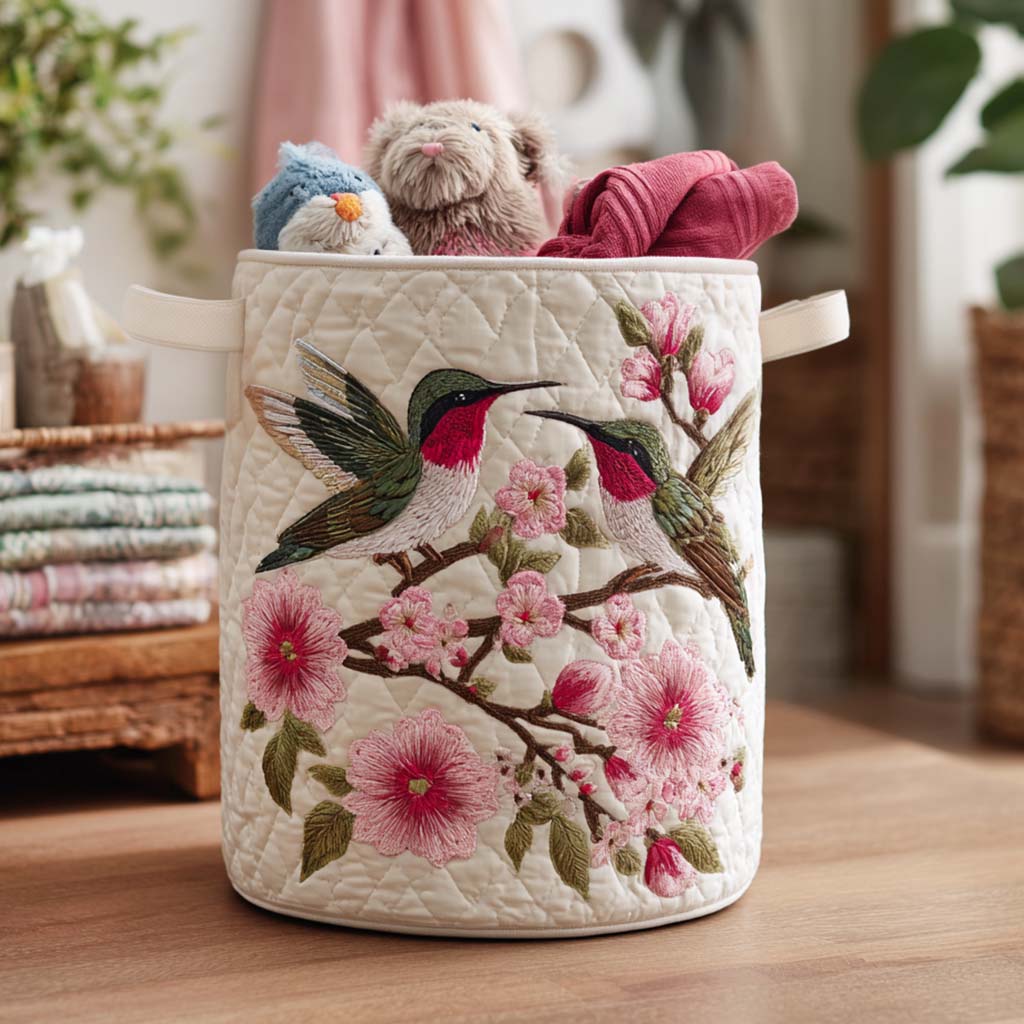 Colorful Hummingbird Flight Quilted Laundry Hamper - Vibrant Collapsible Basket, Durable Lined Hamper For Home & Dorm