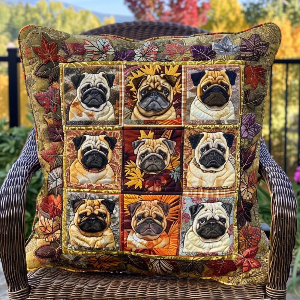 Vibrant Pugs Quilted Pillow Cover — Colorful Dog Lover Throw Pillowcase, Quilted Decorative Accent For Sofa & Nursery