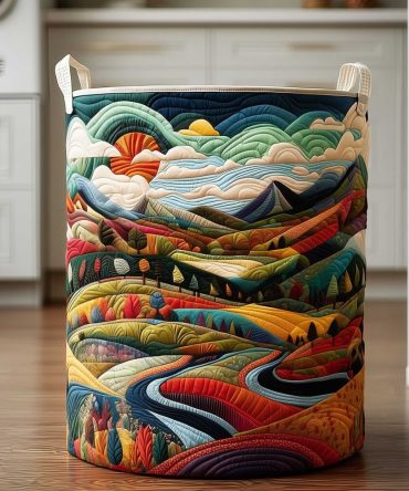 Colorful River Valley Quilted Laundry Hamper — Vibrant Valley Print Collapsible Laundry Basket, Machine-Washable Decorative Storage For Home