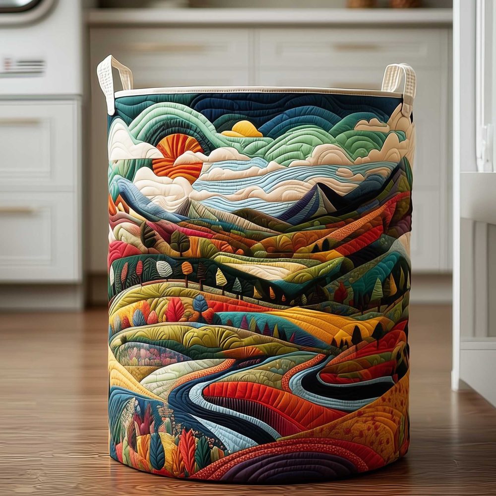 Colorful River Valley Quilted Laundry Hamper — Vibrant Valley Print Collapsible Laundry Basket, Machine-Washable Decorative Storage For Home