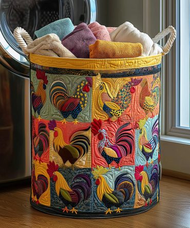 Colorful Rooster Quilted Laundry Hamper - Vibrant Farmhouse Rooster Print Fabric Basket, Collapsible, Durable & Easy-Care Laundry Storage