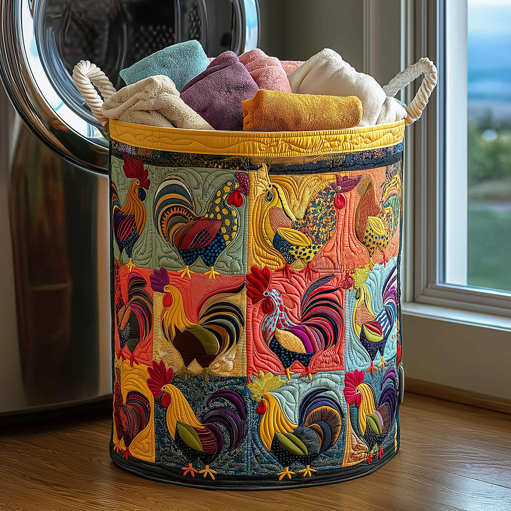 Colorful Rooster Quilted Laundry Hamper - Vibrant Farmhouse Rooster Print Fabric Basket, Collapsible, Durable & Easy-Care Laundry Storage