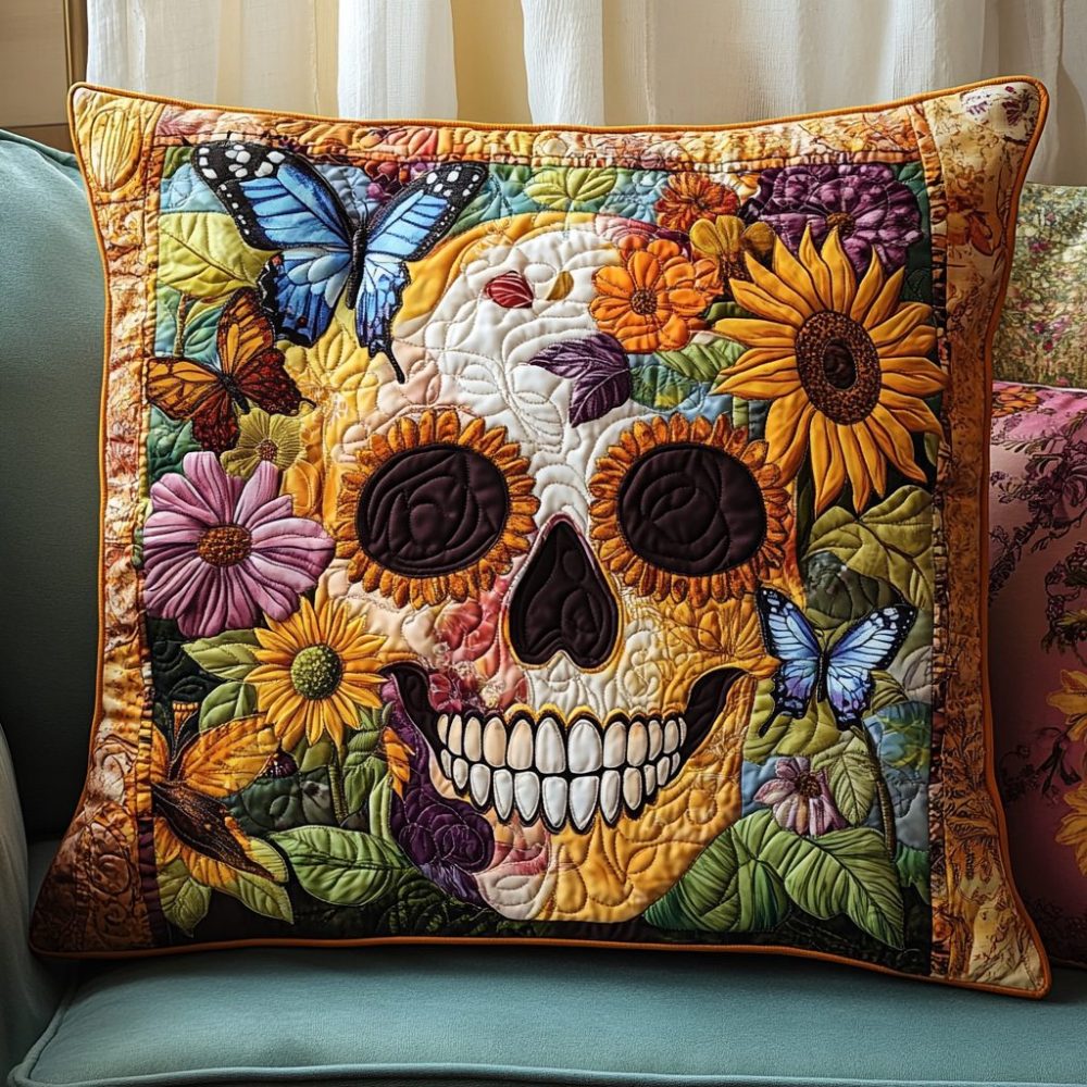 Vibrant Colorful Sugar Skull Quilted Pillow Cover — Bold Floral Skull Accent For Living Room & Bedroom, Machine Washable, Premium Quality Gift
