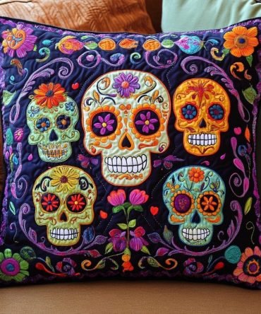 Vibrant Sugar Skull Quilted Pillow Cover — Day Of The Dead-Inspired Colorful Accent For Sofa & Holiday Decor, Durable, Easy Care
