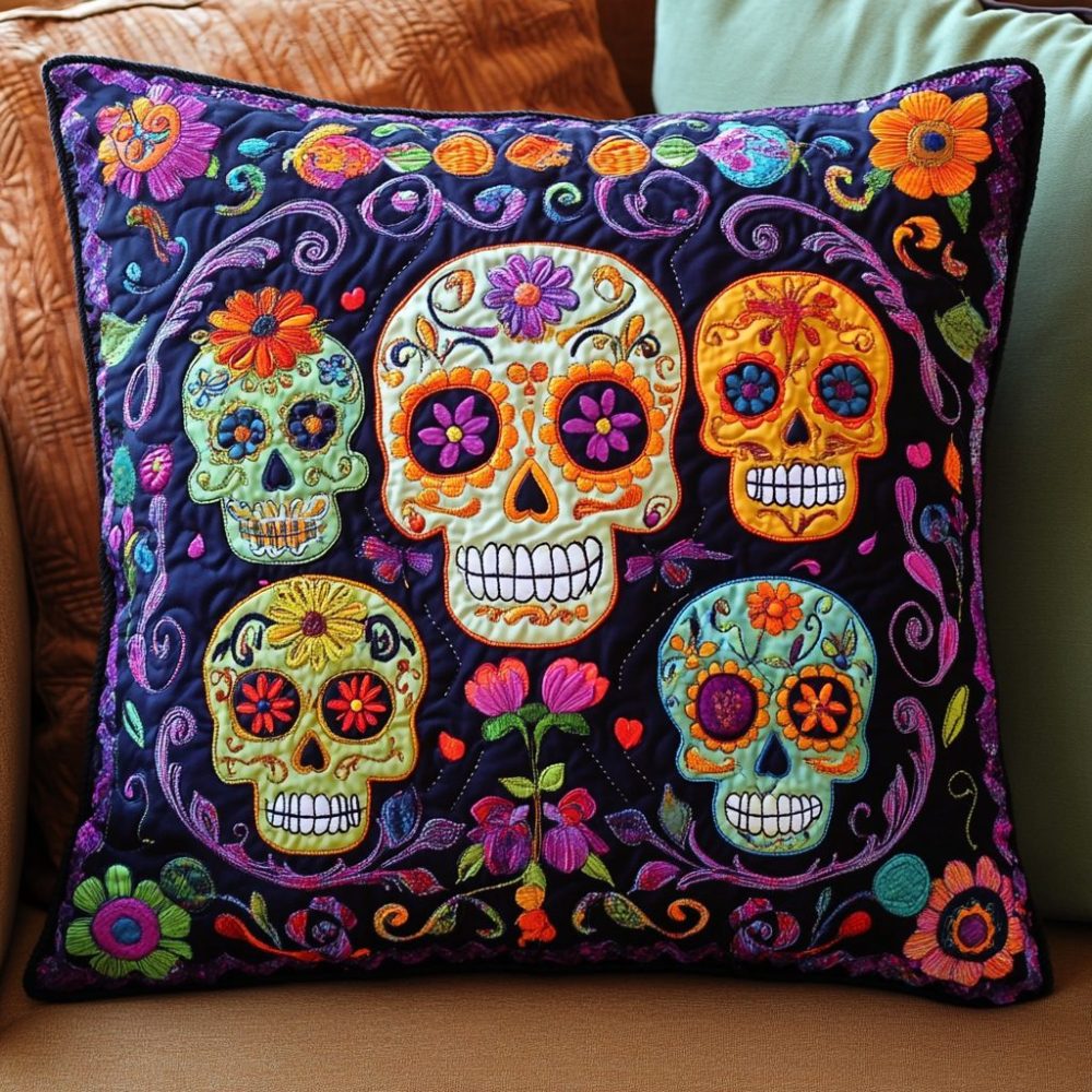 Vibrant Sugar Skull Quilted Pillow Cover — Day Of The Dead-Inspired Colorful Accent For Sofa & Holiday Decor, Durable, Easy Care