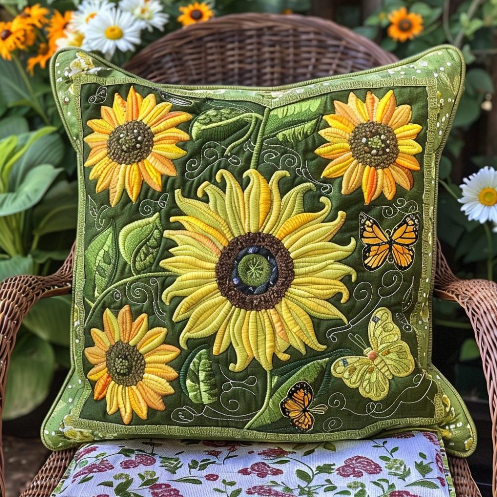 Bright Sunflower Quilted Pillow Cover - Lightweight Cotton Throw Pillowcase, Machine-Washable Decorative Accent For Living Room & Patio
