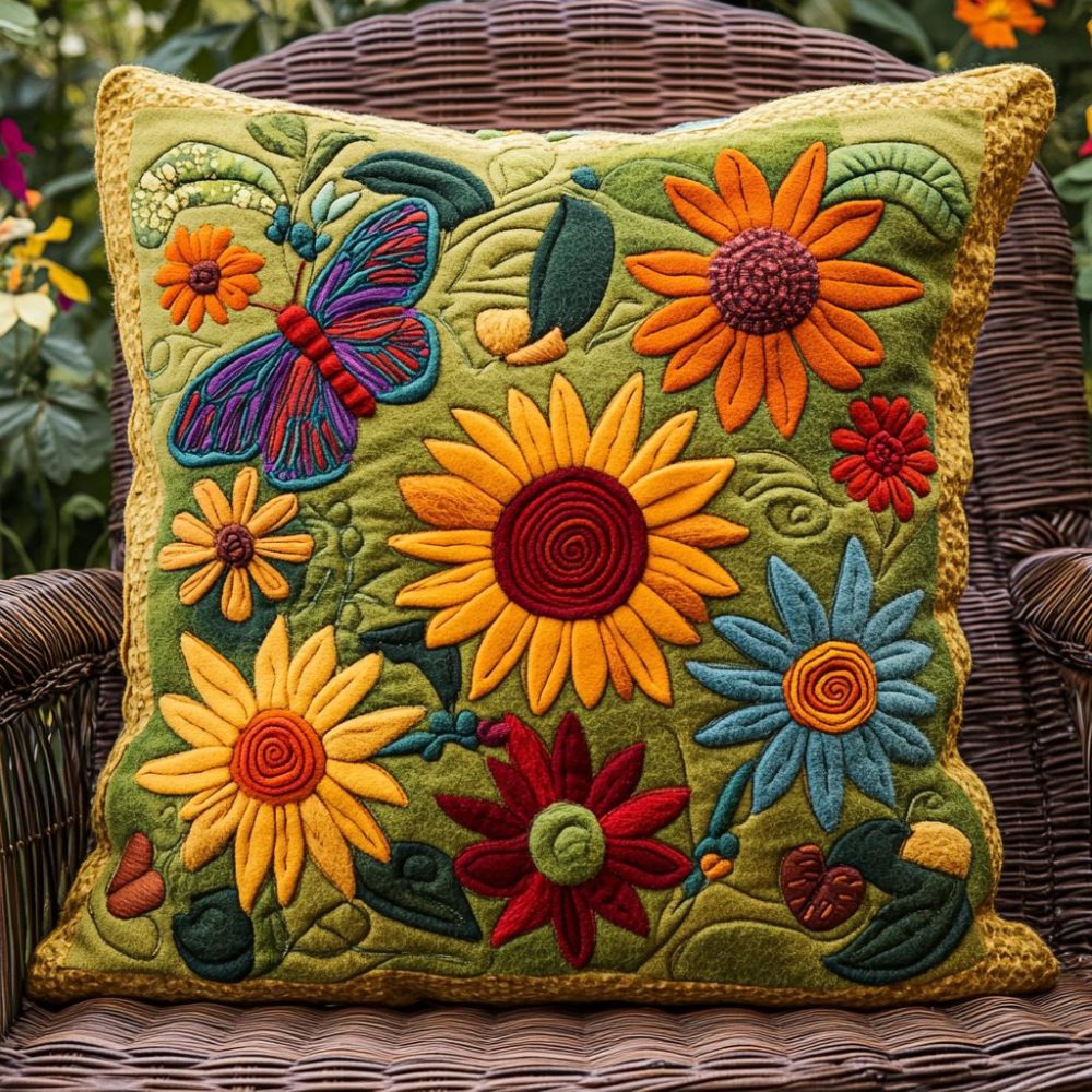 Vibrant Sunflower Quilted Pillowcase — Multicolor Floral Accent Pillow Cover, Durable Stitching, Machine Washable, Cozy