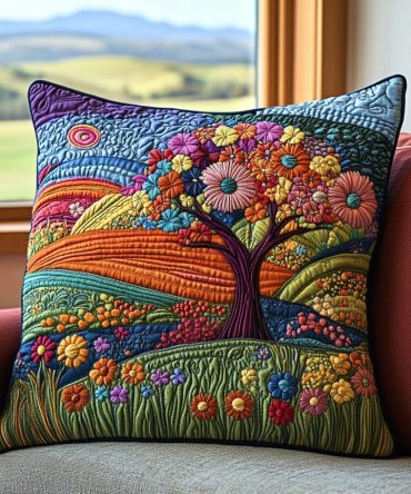 Colorful Tree Serenity Quilted Pillow Cover — Whimsical Tree Motif In Lively Hues, Soft Quilted Texture, Hidden Zipper, Machine Washable Accent