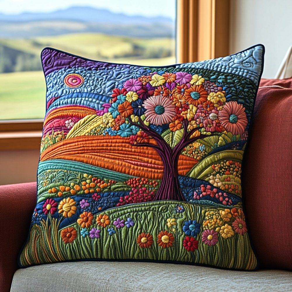 Colorful Tree Serenity Quilted Pillow Cover — Whimsical Tree Motif In Lively Hues, Soft Quilted Texture, Hidden Zipper, Machine Washable Accent