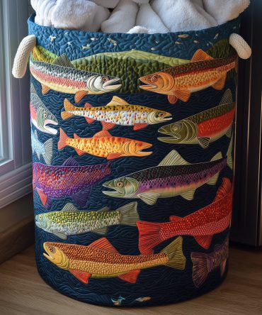 Colorful Trout Quilted Laundry Basket — Fish Print Foldable Hamper, Durable Cotton Organizer For Fishing Cabin & Kids’ Rooms