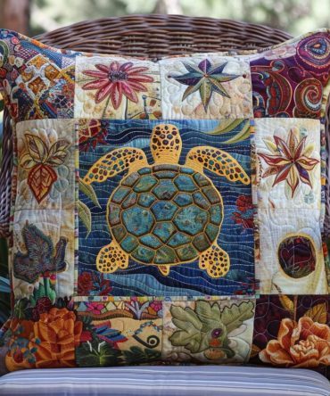 Colorful Turtle Quilted Pillow Cover — Playful Sea Turtle Decorative Pillowcase For Eclectic, Boho & Coastal Living Spaces