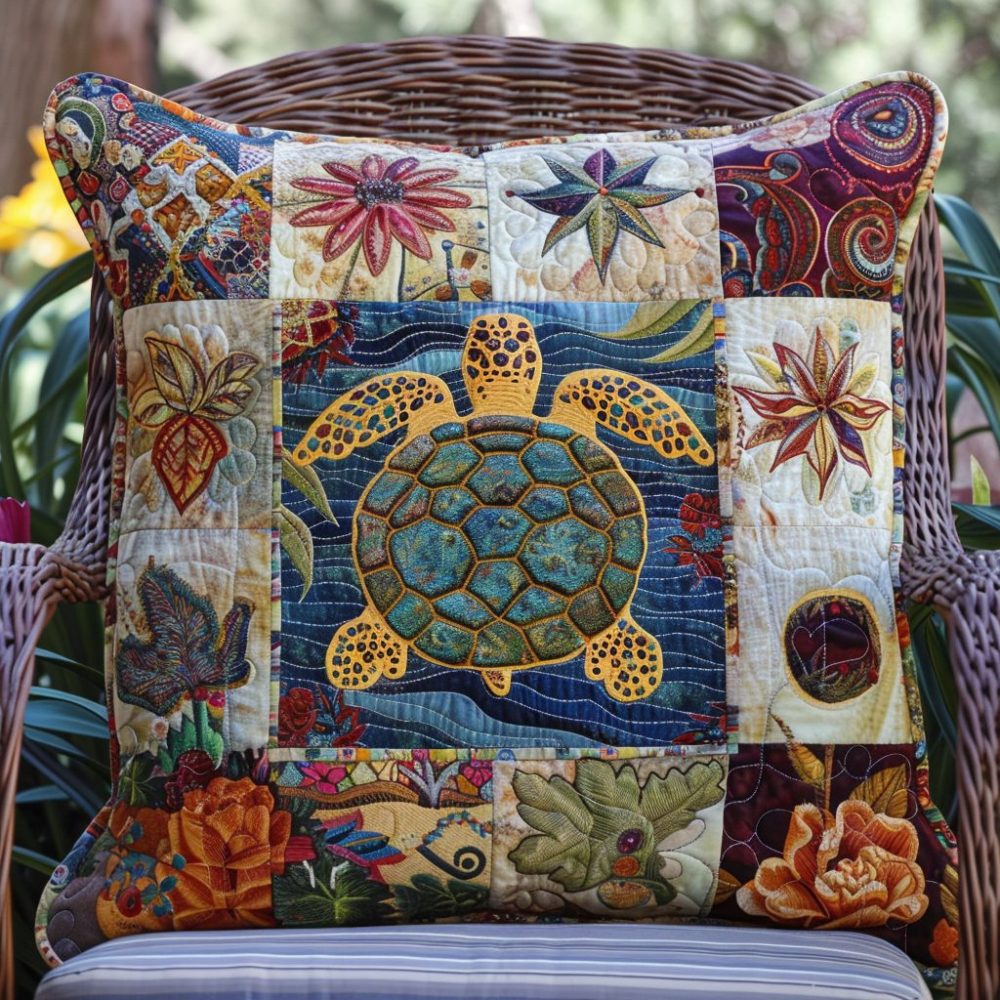 Colorful Turtle Quilted Pillow Cover — Playful Sea Turtle Decorative Pillowcase For Eclectic, Boho & Coastal Living Spaces