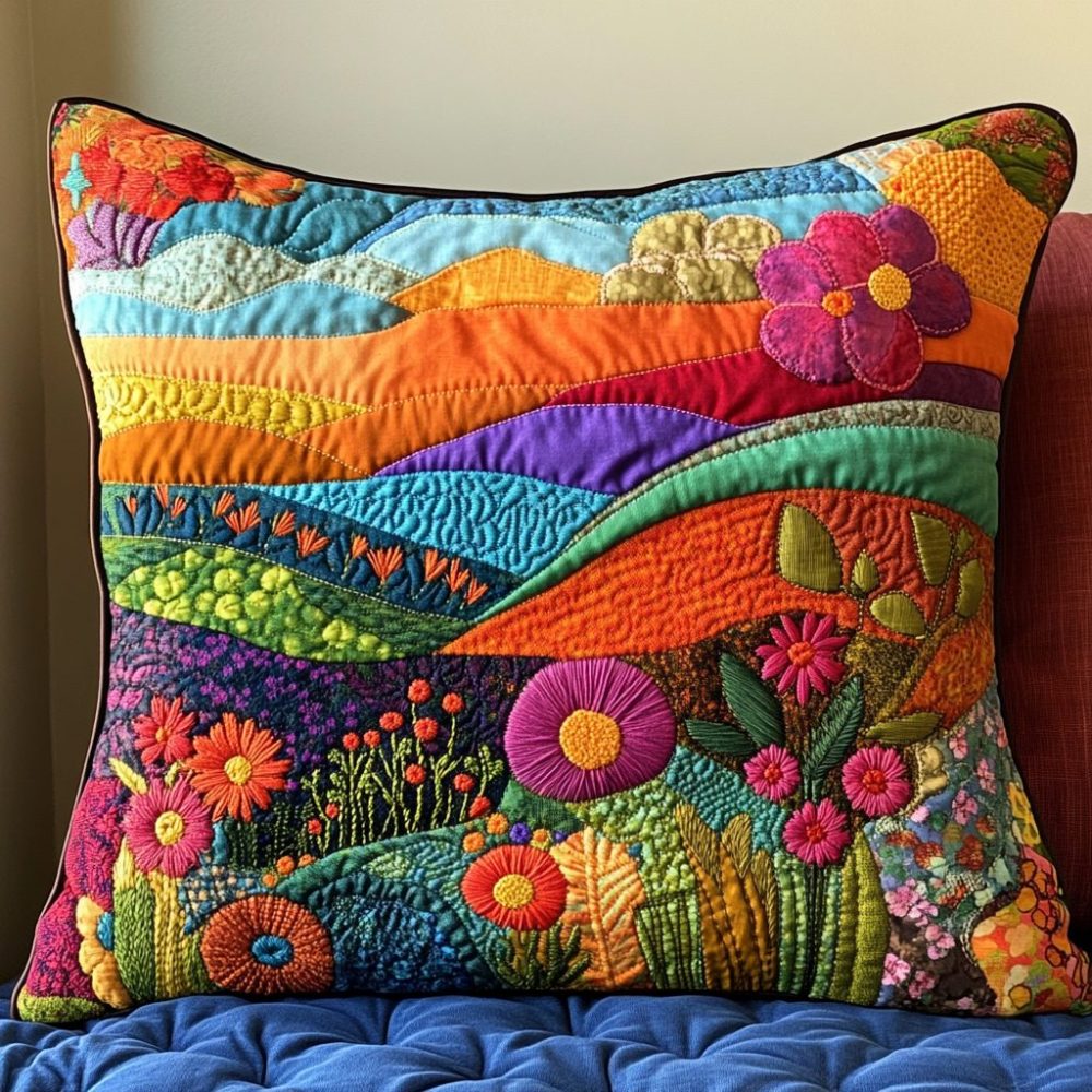 Colorful Wind Quilted Pillow Cover — Vibrant Abstract Throw Accent, Bold Spring Colors On Soft Quilted Fabric, Hidden Zipper, Machine Washable