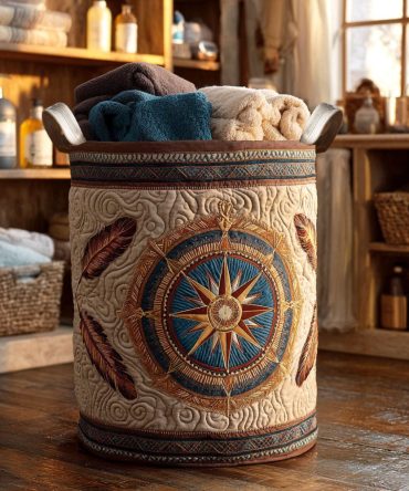 Compass Dreams Quilted Fabric Laundry Hamper - Nautical-Inspired Collapsible Storage Basket, Durable Base, Ideal For Closet & Bathroom
