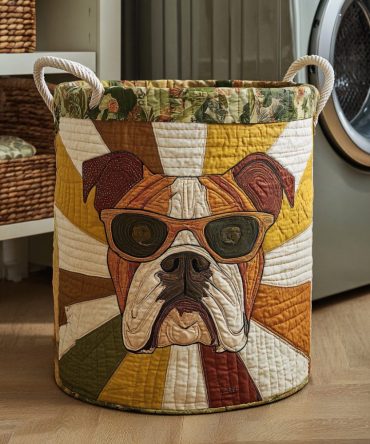 Cool Bulldog Quilted Foldable Laundry Hamper — Trendy Dog Print Decorative Basket, Large Capacity, Lightweight & Washable