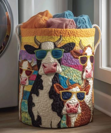 Cool Cow Quilted Laundry Hamper — Fun Farmhouse Fabric Basket, Large Collapsible Decorative Laundry Storage For Kids & Home
