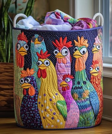 Coop Couture Quilted Laundry Hamper - Stylish Chicken Pattern Fabric Basket, Collapsible Organizer With Lined Interior & Carry Handles