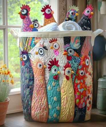 Coop Queens Quilted Fabric Laundry Hamper - Charming Chicken Print Collapsible Basket With Handles & Lined Interior For Stylish Organization