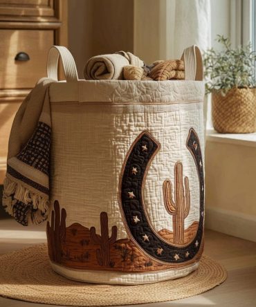 Copper Sky Gallop Quilted Fabric Laundry Hamper , Large Collapsible Basket For Modern Farmhouse & Rustic Decor, Strong Handles