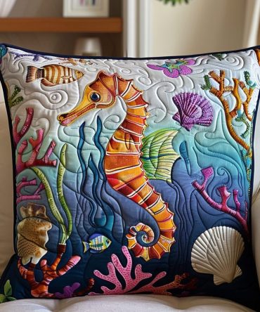 Coral Kingdom Quilted Cushion Cover – Undersea Coral Reef Design For Tropical & Coastal Home Decor (Vivid Colors, Textured Quilting, Durable)